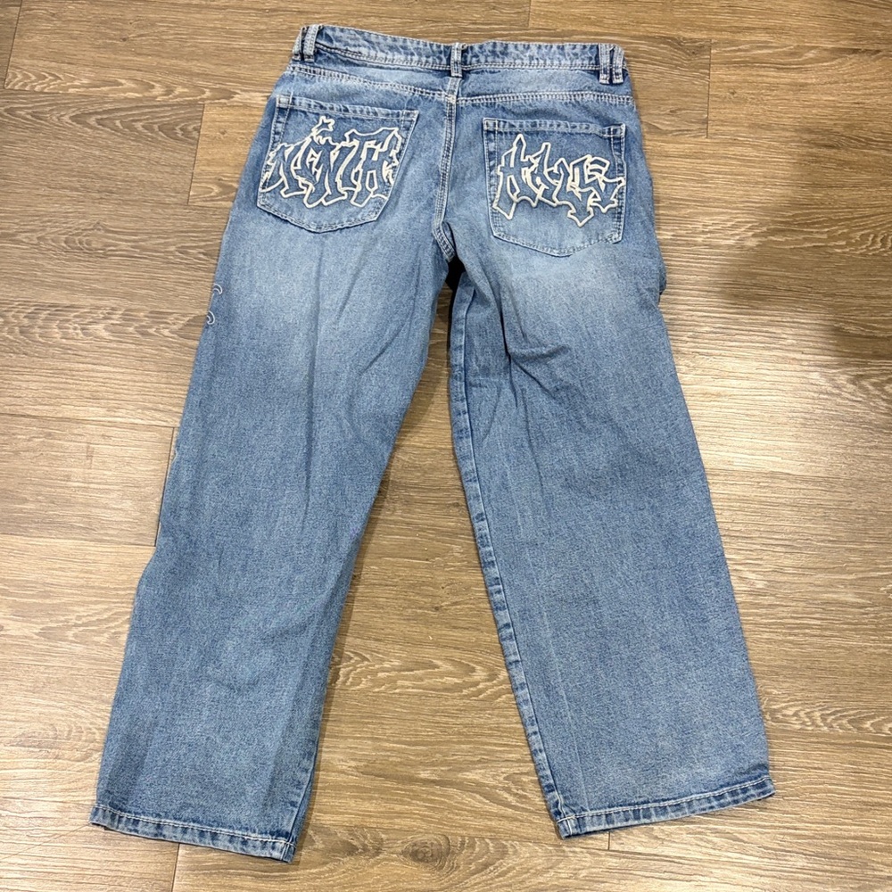 Zumiez Light Blue Straight Leg Jeans with Bird & Floral Embroidery - Picture 2 of 7